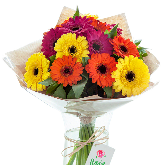 Set against a backdrop of crisp white light, this exuberant bouquet of Gerbera daisies radiates the lively spirit of Shadwell. Each blossom-be it dazzling yellow, flame-bright orange, or deep magenta-boasts a plush, dark center that provides a satisfying visual anchor to the fresh, delicate petals. The bold colours are softened by the addition of lush green foliage artfully threaded between the blooms, giving depth and recreating the sense of local gardens awakening in spring. Wrapped in a rustic, pale brown kraft paper, the bouquet exudes an informal elegance further papered by crinkled cellophane that fans out, catching the light and safeguarding the cheerful heads. The substantial green stems are revealed through the vase's clear glass; water refracts sunlight in cool patterns, reminiscent of the reflections seen along the Thames at Wapping. A neatly tied twine bow encircles the stems, from which hangs a small, rectangular white tag featuring a vivid red flower illustration and softly curling letters-a secret note waiting to be read. Flowers Shadwell's hallmark craftsmanship is evident throughout, making this arrangement an inviting gift for celebratory occasions, new home welcomes, or 'thank you' gestures for residents of E1 and beyond. Its brightness and freshness extend the sense of community and artistry that defines local Shadwell floristry.