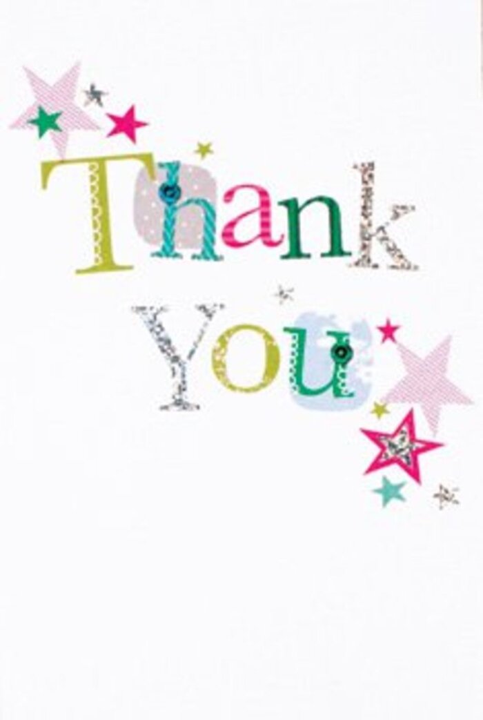 Distinctly crafted, this thank you card expresses Shadwell's quiet exuberance and understated elegance. The phrase 'Thank You' weaves across the front in a lively progression, with each letter embodying its own character-some whimsical and dotted, others sleek and almost musical, reminiscent of the diverse rhythms of Cable Street. Radiant stars in pink, turquoise, and silver group gently near the message, casting a celebratory shimmer not unlike sunlight sparkling over the Thames. The card's composition is spacious and refined-its crisp white background giving room for every stitch, star, and sparkle to convey gratitude without excess. The result is a sophisticated yet approachable note, just right to accompany a bouquet for any occasion in Shadwell, from a neighbourly thank you to a gesture of warmth after a day spent in King Edward Memorial Park. Its cheerful confidence and subtle artistry reflect both the area's vibrancy and the enduring sincerity of its community ties, making it a beautiful finishing touch for floral gifts delivered throughout Shadwell.