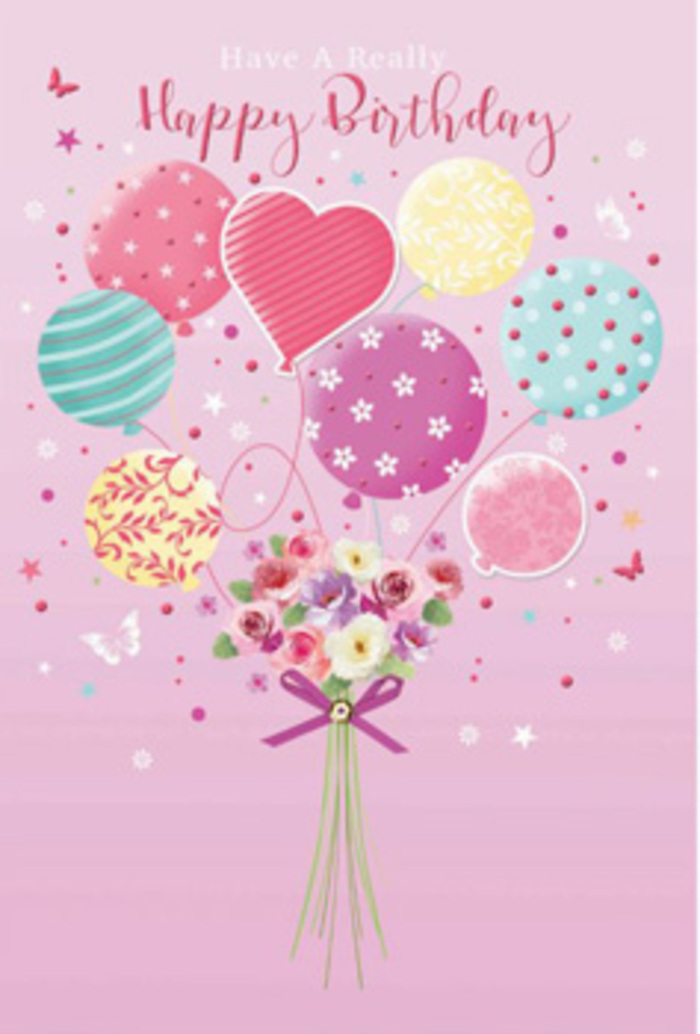 This birthday illustration feels like a quiet celebration unfolding above the streets of Shadwell, painted in soft pastels and gentle light. The background is a smooth wash of blush pink, calm and warm, not unlike the soft tones that sometimes reflect off the Thames near Shadwell Basin. Rising through the centre of the scene is a charming bouquet of balloons, floating as if weightless. Each balloon is carefully detailed: some are encircled with flowing stripes of teal, lemon, and pink; others are sprinkled with jaunty polka dots; and a few carry delicate, stylised floral patterns in lavender and rose. Their rounded shapes shine subtly, with highlights that suggest glossy, smooth surfaces. From each balloon, a slender string trails downward until all the strands gather at a hand-tied bouquet at the base, making it look as though the flowers are gently carrying the balloons skyward. The bouquet itself is composed of soft, rose-like blooms and petite daisy-style blossoms in creamy ivory, blush pink, and muted mauve. Each petal appears velvety and slightly ruffled at the edges, shaded as though touched by early morning light filtering through a Shadwell window. The stems are drawn together by a violet satin bow, its loops and tails catching a slight shimmer. Scattered around the composition are tiny stars and playful butterflies, adding a sense of movement and whimsy, like birthday confetti swirling along Cable Street in a breeze. The overall impression is one of tender, thoughtful celebration-a birthday greeting that feels both whimsical and refined, like pairing a pretty card with a hand-delivered bouquet from a trusted local florist.