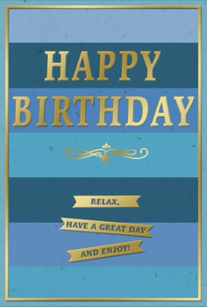 This birthday card appears as though it has just been set down next to a hand-tied bouquet in a Shadwell home, its blue and gold design capturing the balance between serenity and celebration. The backdrop is made up of broad, horizontal stripes of blue, each band slightly different: a deep navy base that feels solid and grounding, moving upward into ocean and denim tones, and finally softening into a pale, almost translucent sky blue, reminiscent of the horizon as seen from the paths around Shadwell Basin. In the centre of this layered field of blue, the words HAPPY BIRTHDAY are embossed in large, stately gold letters. The metallic finish shines gently rather than glaring, like the soft reflections on the water as the tide moves past nearby Wapping Pier. Beneath the main heading, a delicate golden flourish stretches in a graceful curve, adding a note of classic elegance, almost as if lifted from a piece of fine letterpress stationery. Lower down, three slim gold banners are neatly aligned, each ribbon carrying part of the warm, encouraging message: Relax, have a great day and enjoy! A slender gold line frames the entire card, enclosing the design with a sense of quiet completeness. The surface of the card looks smooth and slightly satin-like, with the raised gold elements adding tactile interest. It is easy to imagine this card accompanying a birthday delivery from Flowers Shadwell, perhaps resting on a dining table with views towards the river or the arches of East London. The overall effect is one of composed, heartfelt warmth-a gentle reminder for the recipient to step away from the rush of the city and allow themselves a day of genuine rest and happiness.