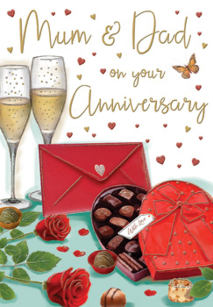 Romantic anniversary card illustration depicting an intimate celebration still life that could easily be imagined on a dining table in Shadwell, not far from the historic streets leading down to the docks. Dominating the top of the scene, two elegant champagne flutes stand side by side, drawn with graceful, slender stems and gently curved bowls. Inside, a pale golden drink catches the light, with fine bubbles rising in a steady stream, ready to mark another year of love and partnership. Just in front, a heart-shaped box of chocolates in a deep, luxurious red takes centre stage, its lid propped open to reveal neat rows of glossy chocolates, each one carefully positioned as if selected with care. A few truffles spill out onto the tabletop, conveying the idea of sharing and lingering over sweet treats. A broad, satin-red ribbon wraps the box, tied into an opulent bow whose folds and tails gleam softly. To the side, two classic red roses rest on lush green leaves, petals velvety and rich, arranged with the same precision and tenderness that Flowers Shadwell might bring to an anniversary bouquet delivered locally. Light, floating hearts in gold and crimson tones drift across the background, surrounding graceful, handwritten wishes for 'Mum & Dad' that give the design a personal, family-focused character. A scarlet envelope lies slightly off to the side, its flap closed, suggesting a treasured note filled with thanks and loving words. The whole composition is bathed in a gentle, warm glow, like evening light filtering into a Shadwell flat, evoking the quiet happiness of celebrating another year together with roses, chocolate, champagne, and heartfelt messages.