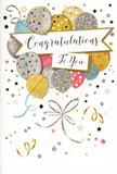 In this image, a slim, upright congratulations card stands as if ready to be tucked beside a fresh bouquet delivered across Shadwell. The front is beautifully illustrated with a central spray of balloons that drift upwards in relaxed layers, their rounded forms overlapping in an easy, celebratory cluster. Muted yet luminous colours-brushed gold, polished silver, soft champagne, pastel blue, rose pink, and gentle grey-blend harmoniously, with each balloon adorned in its own pattern of glitter, star motifs, or fine curved stripes. Light seems to dance across these surfaces, reminiscent of evening reflections along The Highway or near Shadwell Overground. Slender gold and silver ribbons extend from the base of the balloons, swirling and curling downward like loose streamers at the end of a cheerful gathering. Cutting through the middle of this balloon bouquet is an elegant banner, slightly curved, carrying the phrase Congratulations To You in a graceful, calligraphic script that feels both personal and polished. The background is kept soft and pale, scattered with tiny stars, confetti-like dots, and playful ribbon flourishes, giving the impression that the scene is caught in a moment of gentle motion. The card stock appears smooth with a subtle sheen, and the glittered elements suggest a slight raised texture that would be noticeable to the touch. The overall feeling is one of warm, sincere celebration-perfect for honouring a new job, graduation, or any proud achievement in Shadwell. It looks like the kind of card a local florist might recommend alongside a bouquet to bring sparkle, elegance, and heartfelt congratulations to someone's special day.