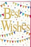 The card greets you with a burst of celebration captured in clean, tactile design: warm gold lettering spells Best Wishes across a bright white background, the letters raised and dusted with glitter that catches the light like confetti in a summer breeze. Around the phrase, strings of bunting trace gentle arcs, each pennant painted in vivid primary hues - sapphire blue, cherry red, leaf green and sunflower yellow - with tiny patterns of stripes, dots and mosaics that make every flag feel hand-painted and unique. Scattered among the bunting are miniature starbursts and confetti dots, small metallic flecks suggesting movement and the fleeting sparkle of fireworks at dusk. The paper itself looks thick and smooth, edged cleanly, so the golden embossing feels pleasantly dimensional under the fingertips. The overall mood is buoyant and affectionate, the kind of card you would slip into a wrapped gift or tuck into a celebratory bouquet for a housewarming near Shadwell Basin or a new job on The Highway. Soft, indirect daylight appears to be illuminating the scene, lending the white background a crisp clarity while the glittered gold reflects a warm, almost candlelit shimmer. As a florist I imagine pairing this with fresh sprays of seasonal foliage or peonies to echo the card's joyful textures - a visual and tactile note that amplifies the sentiment of good fortune. It reads as sincere and hopeful, an intimate little rallying cheer you can send to mark a milestone, lift a friend's spirits, or join in someone's happy news from across the street or across the city.