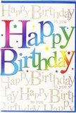 This photograph captures a beautifully designed birthday card whose front explodes with colour and soft metallic detail, echoing the energy of a birthday gathering in Shadwell. The words Happy Birthday sweep across the centre in large, welcoming letters that feel both modern and friendly. Each letter is a slice of a continuous rainbow, beginning with shades of rich red and berry, drifting through vivid orange and warm yellow, and then flowing into fresh green, aqua, bright blue, and finally into deep purple at the far edge. The transition between colours is smooth and velvety, giving the impression that the letters have been painted with translucent layers of ink or carefully airbrushed, then finished with a light gloss so they glow gently under overhead light. Encircling and behind this bold central message, the background is packed with rows of elegant script repeating Happy Birthday to you. The writing is rendered in a fine, looping hand and printed in shimmering gold, subtle enough that it forms a soft, textured backdrop rather than a distraction. When imagined in hand, the gold text would catch and release the light, similar to the soft glint of candle flames in a Shadwell flat prepared for a birthday dinner. Between the lines of script, tiny sparkling flecks and faint coloured dots suggest confetti and tiny stars, adding to the sense of joyful occasion. The card stock appears smooth and substantial, reinforcing the impression of care and quality. It is the kind of card that would sit beautifully alongside a hand-delivered bouquet from a local Shadwell florist, conveying not just the words Happy Birthday, but the full feeling of a day dedicated to celebration and warmth.