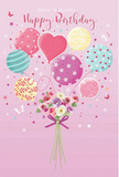 A softly glowing birthday design is set against a pale pink background that feels as serene as a quiet stroll through Shadwell at dusk. At its centre, a cluster of pastel balloons floats upwards, creating a sense of lifted spirits and gentle festivity. Each balloon is unique: some spin with candy-coloured stripes in mint, lemon, and blush pink; others are adorned with playful polka dots or graceful swirls; and a heart-shaped balloon nestles among them, adding a tender note of affection. The balloons appear plump and glossy, reflecting soft highlights that make them look almost touchable. Their slender strings drift down to meet a hand-tied bouquet resting at the base, as though the flowers are the heart of the celebration. The bouquet brims with rose-like and daisy-like blossoms in creamy ivory, blush, and dusky mauve, their petals layered and delicately textured, recalling the feel of real blooms freshly arranged in a Shadwell florist. A neat violet ribbon wraps tightly around the stems, tied in a satin bow that glints subtly in the same warm light that catches the balloons. Tiny stars and delicate butterflies hover and scatter around the composition, lending a sense of movement, like confetti floating above the nearby riverside. The image as a whole conveys gentle joy and care, the sort of card you might choose to accompany a same-day birthday flower delivery across Shadwell, Wapping, or the neighbouring E1 streets, to say, You are cherished, in a way that feels personal and beautifully considered.
