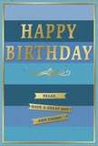 The image shows an elegant birthday card that might be found beside a bouquet in a Shadwell flat, its design gently blending tranquillity with festivity. The background is dominated by wide, horizontal stripes, each one a slightly different shade of blue: starting with deep navy at the bottom, rising through rich ocean and muted denim, and fading into a light, calming sky blue at the top, a gradation that recalls the shifting tones of the Thames as seen from the paths near Shadwell Basin. Centred across these layers, the greeting HAPPY BIRTHDAY is rendered in generous, embossed gold lettering, raised from the card surface so that each letter catches the light in a subtle, sophisticated shimmer. Just below this bold message, an ornate golden flourish curves gracefully, a decorative accent that introduces a sense of timeless, almost romantic charm. Beneath the flourish, three slim gold banners span the card, aligned in an orderly sequence, each ribbon bearing part of the warmly phrased wish: Relax, have a great day and enjoy! A thin gold border encloses the entire composition, neatly framing the blues and echoing the metallic sheen of the central text and motifs. The card stock appears smooth and slightly velvety, with the contrast between matte colour and polished embossing adding depth. One can imagine this card accompanying a carefully chosen birthday arrangement delivered around Shadwell, resting on a coffee table while the light from nearby Wapping filters through. Its cool blues and glowing gold combine to convey a birthday greeting that feels genuinely considered-an invitation to pause, breathe, and enjoy a day set apart from the everyday rush.