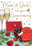 Beautifully composed anniversary card artwork portraying a romantic, celebratory arrangement that feels homely and familiar, as if placed on a kitchen table in Shadwell with glimpses of the river not far away. Two tall champagne flutes form the backdrop, their clear glass delicately drawn, holding pale golden fizz where tiny bubbles seem to pause mid-rise, capturing the moment just before a loving toast. In front, a heart-shaped chocolate box in rich crimson red sits open, revealing an assortment of glossy chocolates, each nestled in its own little place. A couple of truffles lie temptingly on the surface, hinting at shared sweetness. The box is finished with an extravagant, satin-red bow whose loops and trailing ends add movement and luxurious texture. To one side, two deep red roses are arranged on a bed of fresh green leaves, their velvety petals layered and full, echoing the kind of classic, romantic stems a Shadwell florist would choose for a special anniversary delivery nearby in Wapping and Stepney. Scattered around the image, tiny gold and crimson hearts float like confetti, gently framing graceful, hand-lettered wishes to 'Mum & Dad' that anchor the card firmly in family love. A bright scarlet envelope rests nearby, closed and slightly tilted, suggesting a handwritten message of appreciation and shared history waiting to be opened. Soft, warm light bathes the entire composition, giving it the atmosphere of an intimate evening celebration at home in Shadwell, where champagne, chocolates, roses, and heartfelt words come together to honour years of companionship and enduring affection.